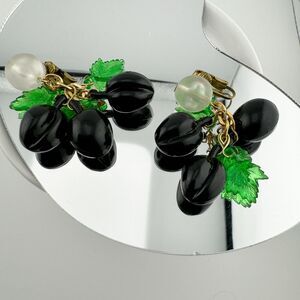 Vintage Lucite Black Plum Clip-On Earrings Summer Fruit